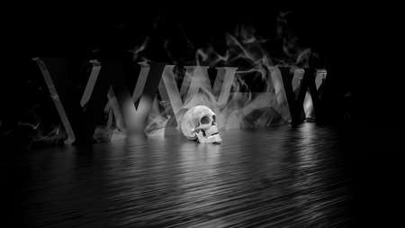 Dark web. 3d black text with skull and smoke at dark background - 3d rendering