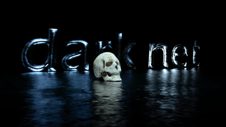 Darknet text word on black background with a human skull - 3D renderingの写真素材