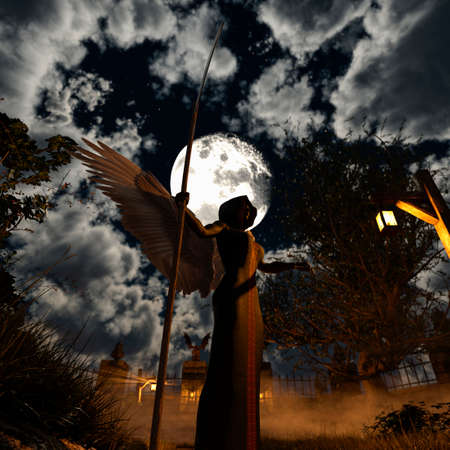 Angel of death in a spooky cemetery at night - 3d renderingの写真素材