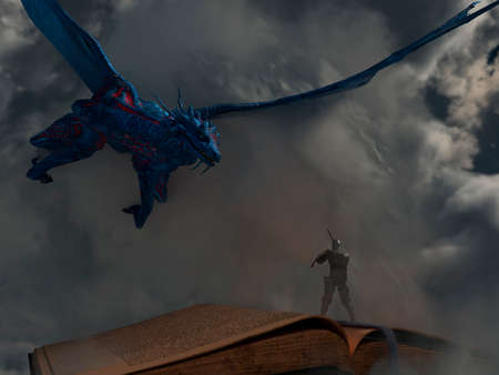 Magic old book with a knight fighting a dragon. Fantasy medieval period. 3d rendering.の写真素材