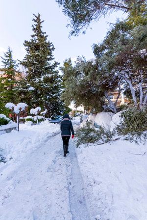 Snow in Vrilissia district, during a snowstorm in Athens city, capital of Greece, Europe.の写真素材