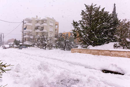 Snow in Vrilissia district, during snow storm in Athens city, capital of Greece, Europeの写真素材