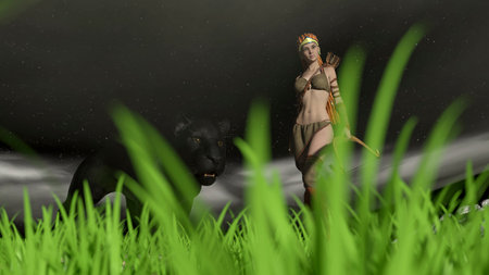 The jungle princess with a panther at night - 3d renderingの写真素材