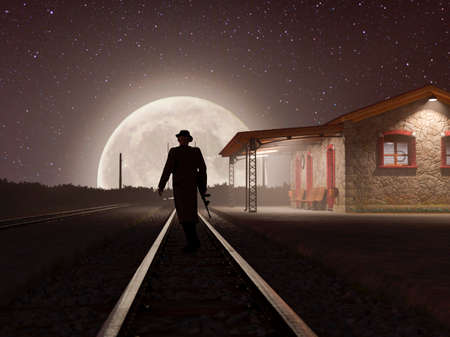 Gangster walking on the railway track on a misty night with a full moon - 3d renderingの写真素材
