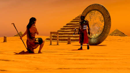 An ancient Egyptian woman watching an alien warrior from space - 3d renderingの写真素材