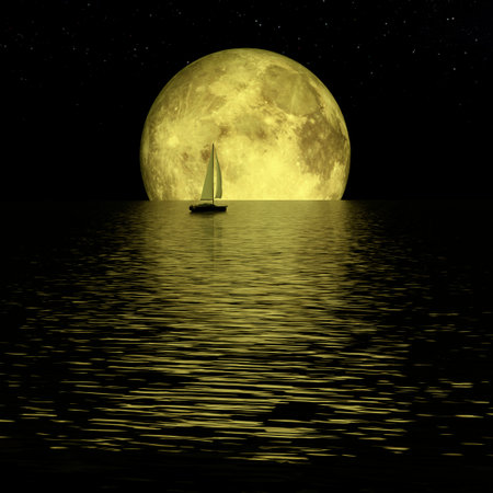 Lonely yacht in calm ocean, full yellow moon and starsの写真素材