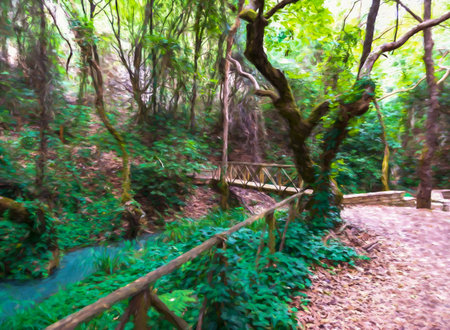 Old, wooden bridge over the river in a forest (Greece, Peloponnese) on a sunny summer day. Digital paint.の写真素材