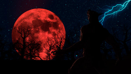 Illustration of a werewolf during the blood moon in the creepy forestの写真素材