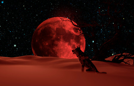 Silhouette of a wolf during the blood moon in the forest in the winter - 3d rendering