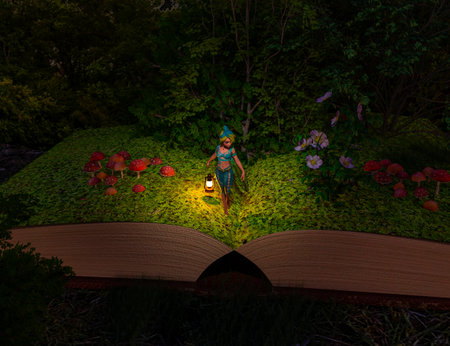 A cute girl elf in the forest at night walking with a lamp in hand on a fairy tale book. 3d...