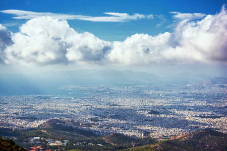 Panoramic view of Athens, the capital of Greece on a cloudy day.の写真素材