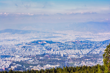 Athens cloudy cityscape panorama from mount Hymettus. Greece.の写真素材
