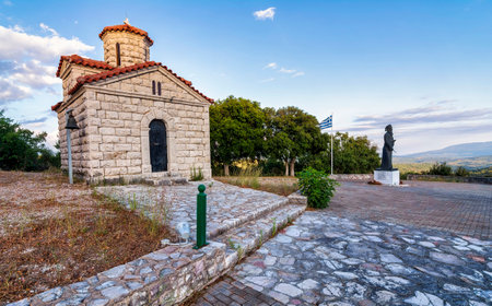 Statue of Papaflessas at the historical old village Maniaki in Messenia, Greece. Papaflessas was a Greek patriot, priest, and government official.の写真素材