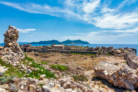 Panoramic view of Methoni Castle. The castle is a medieval fortification in the port town of Methoni, Messinia Peloponnese, Greece.の写真素材