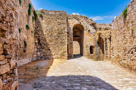 The main arched entrance gate of Methoni Castle. The castle is a medieval fortification in the port town of Methoni, Messinia Peloponnese, Greece.の写真素材