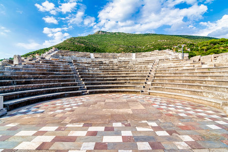 Theater-like construction in Ancient Messene, Messinia Prefecture, Peloponnese, Greece. Ancient Messini was founded in 371 BC after the Theban general Epaminondas defeated Sparta at the Battle of Leuctra, freeing the Messinians from almost 350 years of Spartan rule.の写真素材
