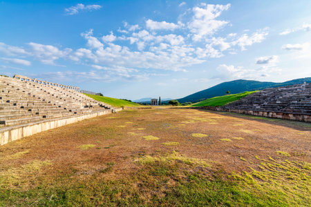 Ancient Greek Stadium in Ancient Messini in Greece. Ancient Messini was founded in 371 BC after the Theban general Epaminondas defeated Sparta at the Battle of Leuctra, freeing the Messinians from almost 350 years of Spartan rule.の写真素材