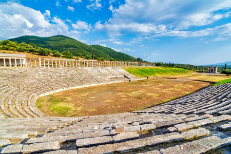 Ancient Greek Stadium in Ancient Messini in Greece. Ancient Messini was founded in 371 BC after the Theban general Epaminondas defeated Sparta at the Battle of Leuctra, freeing the Messinians from almost 350 years of Spartan rule.の写真素材