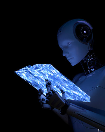 A female robot reading a book about artificial intelligence. Dark background. 3d rendering.の写真素材