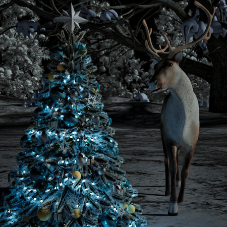 Reindeer next to a Christmas tree at night forest background - 3d renderingの写真素材