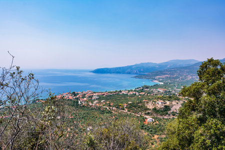 Panoramic view of Kardamyli town, a coastal town built by the Venetians featuring a mix of traditional Greek and Venetian design located in Messinia, Greece.の写真素材