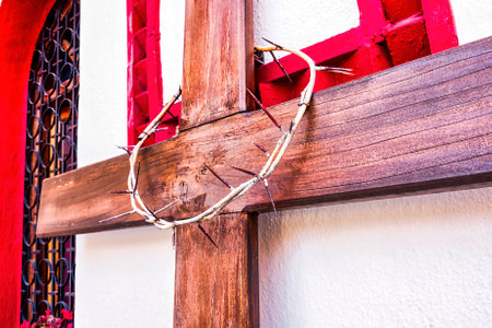 Crown of thorns hanging on a wooden cross at the Greek Orthodox monastery Iera Moni Koimiseos Theotokou Kleiston at Canyon of Goura, Attica, Greeceの写真素材