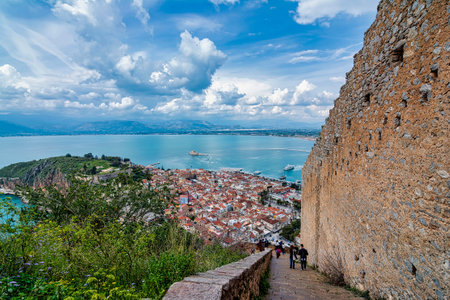 Nafplio, Greece - March 17, 2024: Old stone stairways to the Palamidi fortress, Nafplio, Greece.の写真素材