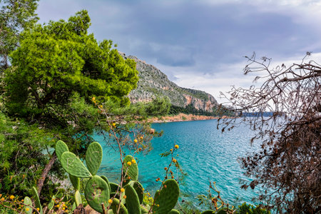 The historical Palamidi fortress against an overcast sky, in Nafplio city, Argolis, Greece. The fortress was built by the Venetians.の写真素材