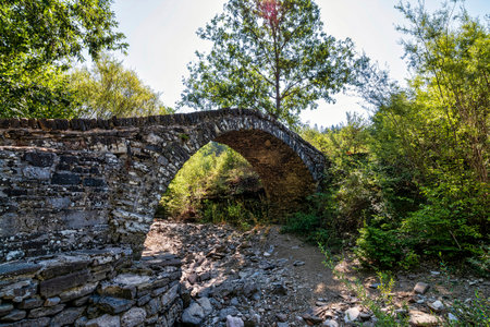 Ancient stone arch bridge surrounded by lush greenery in Epirus, Greece, showcasing traditional...