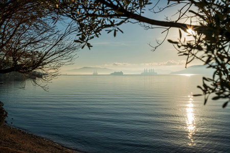 A peaceful misty morning in Elefsina Bay, Greece, with calm waters, silhouetted ships in the...