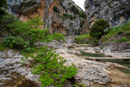 Shallow turquoise pools carve limestone bed beneath towering Saint Luke Gorge cliffs, wooden plank footbridge and spring greenery completing rugged beauty.の写真素材