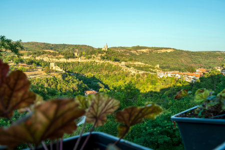 Warm golden-hour view overlooking Tsarevets Fortress in Veliko Tarnovo, Bulgaria, with the historic hilltop walls and lush green valley framed by soft foreground plants.の写真素材