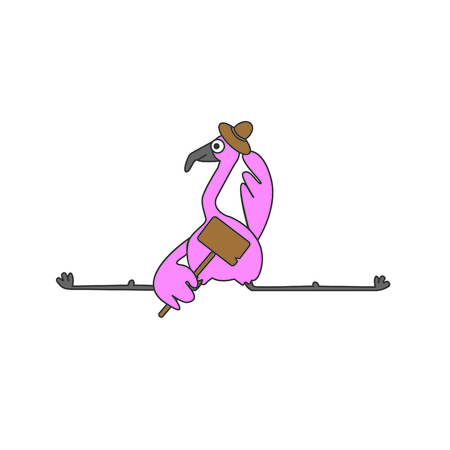 Pink flamingo sitting in the hat with a signのイラスト素材