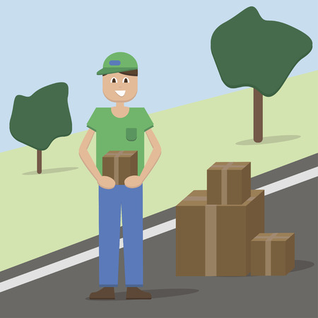 Delivery man. Post office service. Young happy man holding box. Vector illustrationのイラスト素材