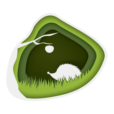 Paper art of hedgehog sitting in the grass. Apple is hanging on branchのイラスト素材