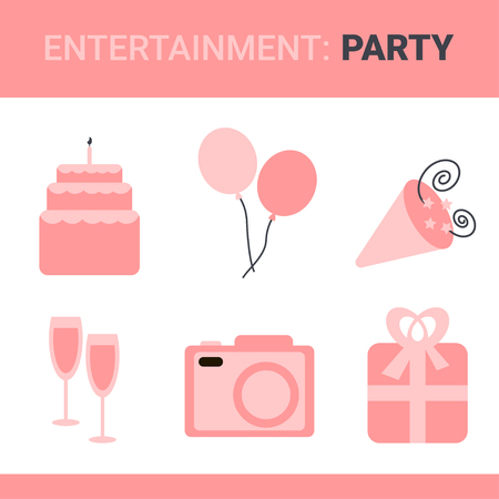 Set of vector flat icons about party. Entertainment illustration in pink colorsのイラスト素材