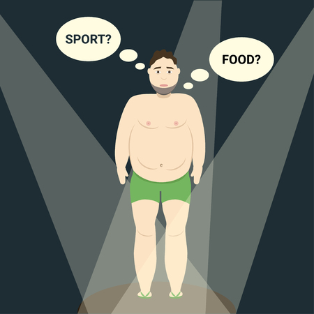 Fat man thinking about sport and food. Boy have a problem with weightのイラスト素材