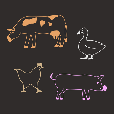 Outlined domestic animals on dark background. Colored contours of cow, goose, hen and pig.のイラスト素材