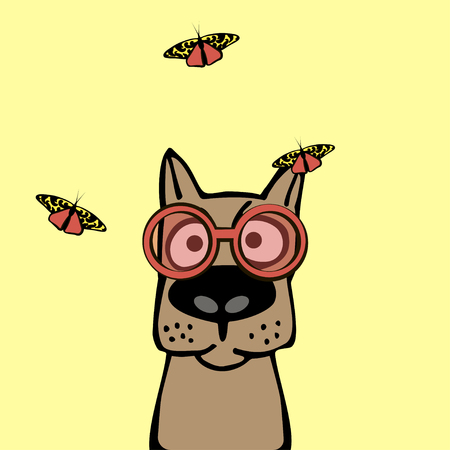 Cute fashion dog in red sunglasses. Butterfly is sitting on puppy's earのイラスト素材