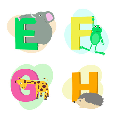 Vector illustration of animal alphabet isolated on white background. Letters from E to H. Cartoon images of elephant, frog, giraffe and hedgehog.のイラスト素材