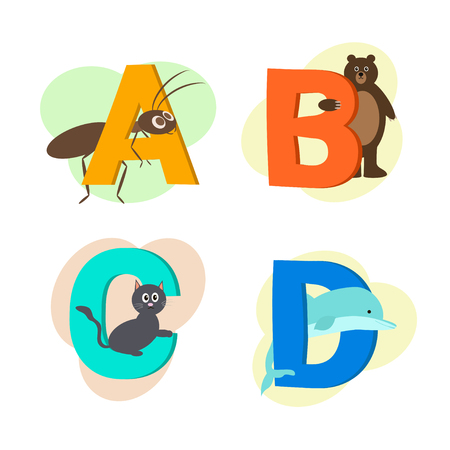 Vector illustration of animal alphabet isolated on white background. Letters from A to D. Cartoon images of ant, bear, cat and dolphin.のイラスト素材