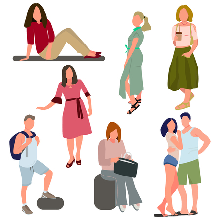 Lots of people isolated on white background. Men and women standing and sitting. Group of flat cartoon characters. Vector illustration of boys and girlsのイラスト素材