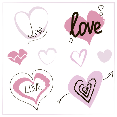 Set of pink hand drawn hearts with lettering. Vector illustrations isolated on white background with frame.のイラスト素材