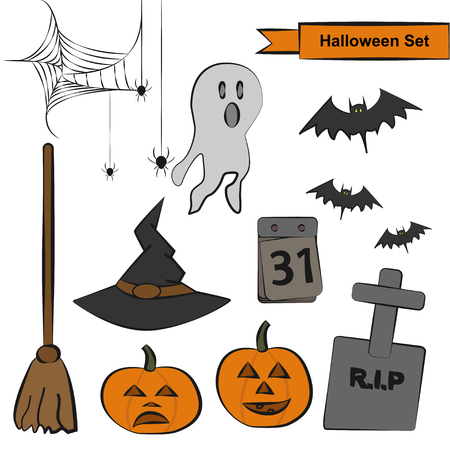 Design ellements for Happy Halloween holiday. Isolated outline vector illustrations on white background. Spiders silhouettes on web. Witches hat and broom. 31 October dayのイラスト素材