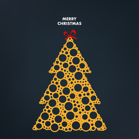 Gold outline Christmas tree with red bow. Happy New Year greeting card. Vector illustration about winter holidays on dark background.のイラスト素材