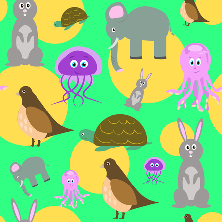 Colorful seamless pattern for kids on green background. Vector illustration of elephant, turtle, jellyfish, octopus and rabbir. Cartoon animals with yellow circles.のイラスト素材
