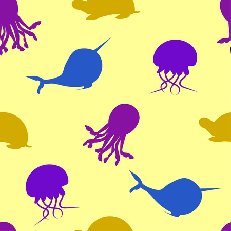 Colorful seamless pattern with silhouettes of underwater animals. Vector illustration of octopus, narwhal, jellyfish and turtle.のイラスト素材
