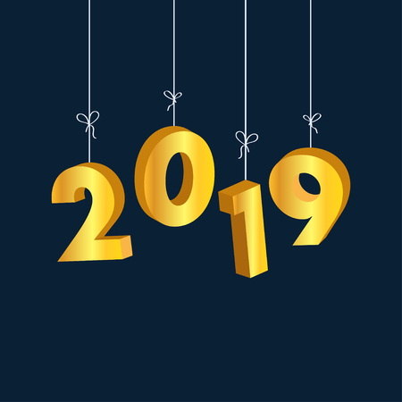 Happy New Year 2019 greeting card. Gold 3D figures hang suspended for thread.のイラスト素材