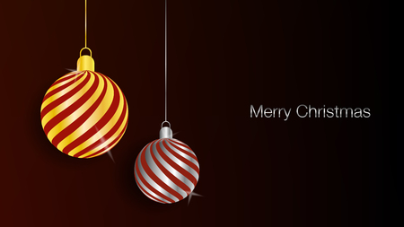 Dark red background with 3D Christmas gold and silver balls. Merry Xmas and Happy New Year greeting card. Vector illustration of winter decorations.のイラスト素材