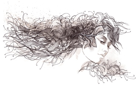 Beautiful woman with hair ornate with flowers (series C)の写真素材